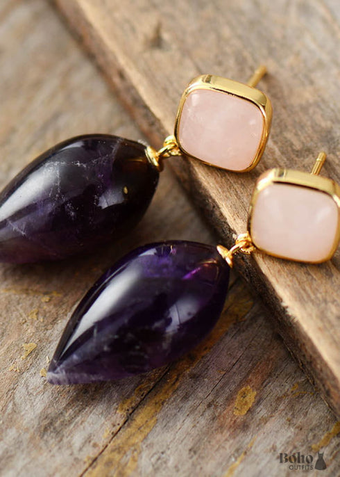 Boho Earrings, Dangle Earrings, Rose Quart Amethysts Teardrop Dangle Earring